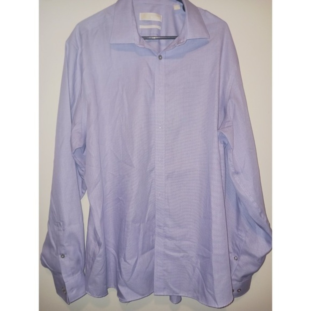 Michael Kors Mens Button Down Shirt Regular Fit 17.5 Non Iron Blue White Stripes